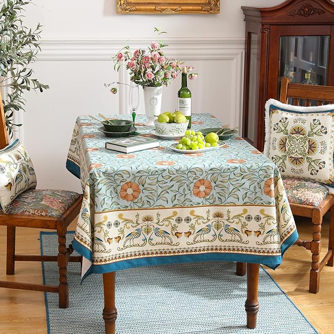 patdrea Designer French Linen Blue Tablecloth for Rectangle Table,Vintage Floral Table Cloth,Colorful Decoration Fall Cover Kitchen Dining for Thanksgiving,Tea Party,Christmas,63"x94"-Wensel