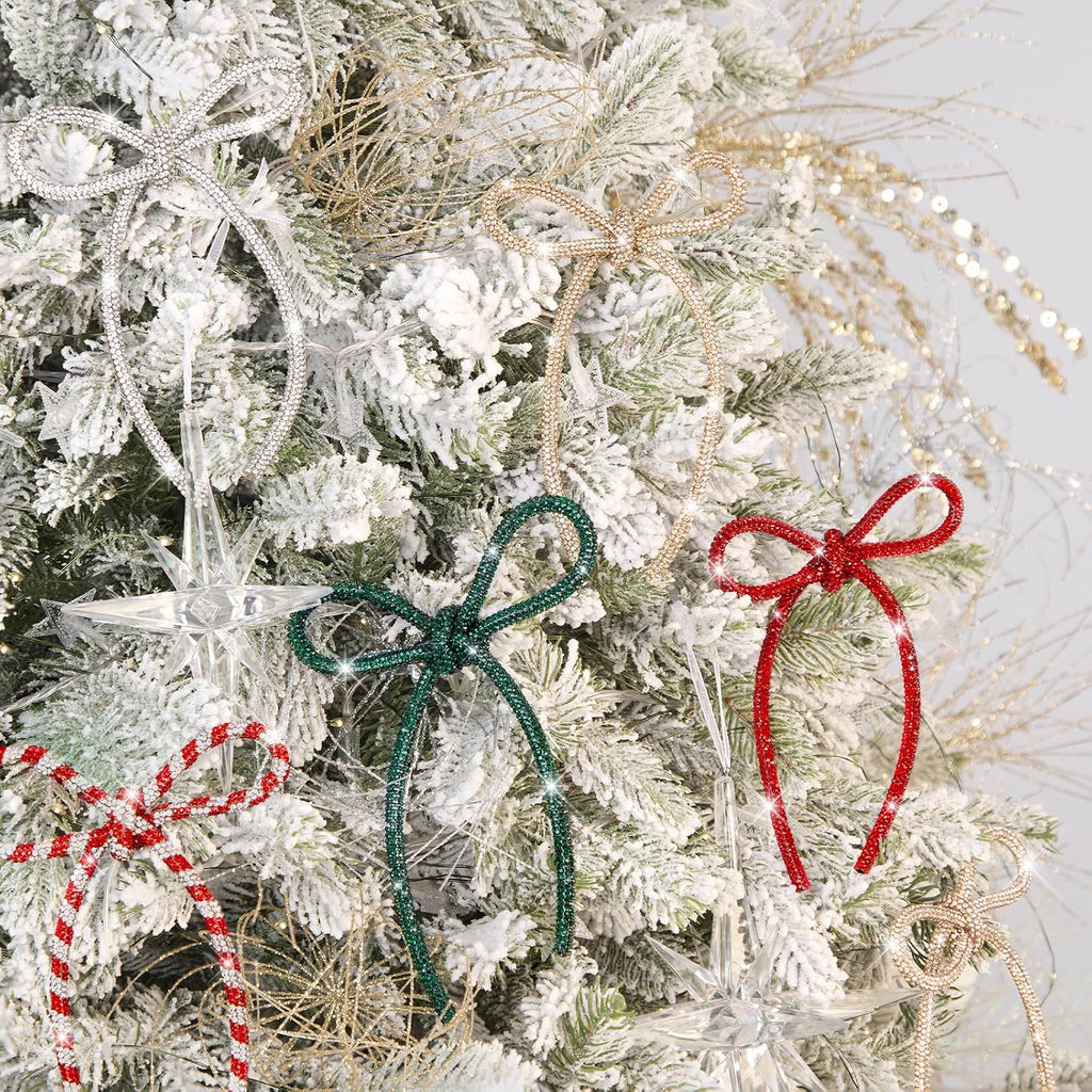 6 Pcs 2026 Christmas Bows Ornaments, Champagne Gold Sparkly Glitter Rhinestone Bow Ornaments with Twist Tie for Xmas Tree Decoration, Wreath, Garland, Gift Wrapping