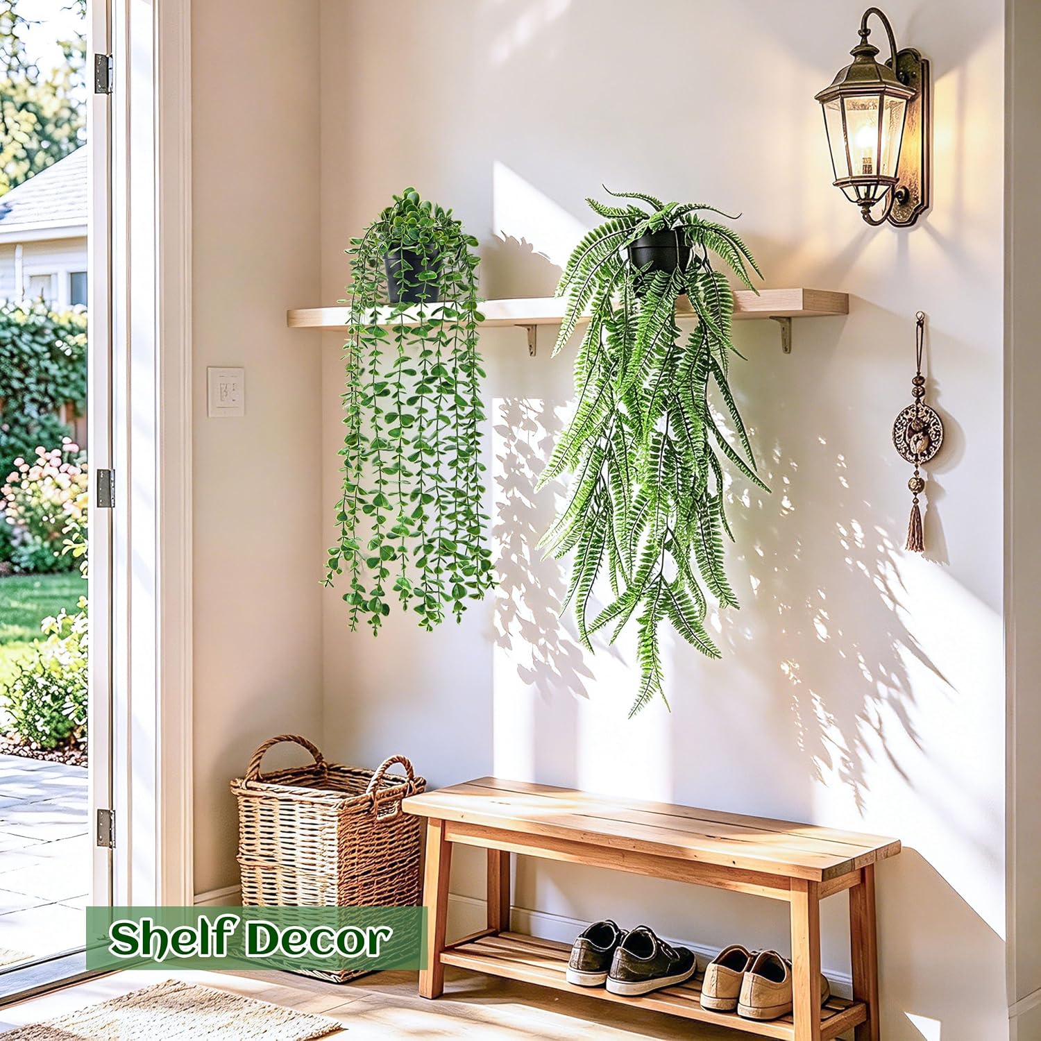 Der Rose 4Pcs Fake Plants Hanging Artificial Ivy Vine Faux Eucalyptus Hanging Plants, Boston Fern, String of Pearls for Living Room Aesthetic Bedroom Boho Kitchen Wall Shelf Indoor Outdoor Decor