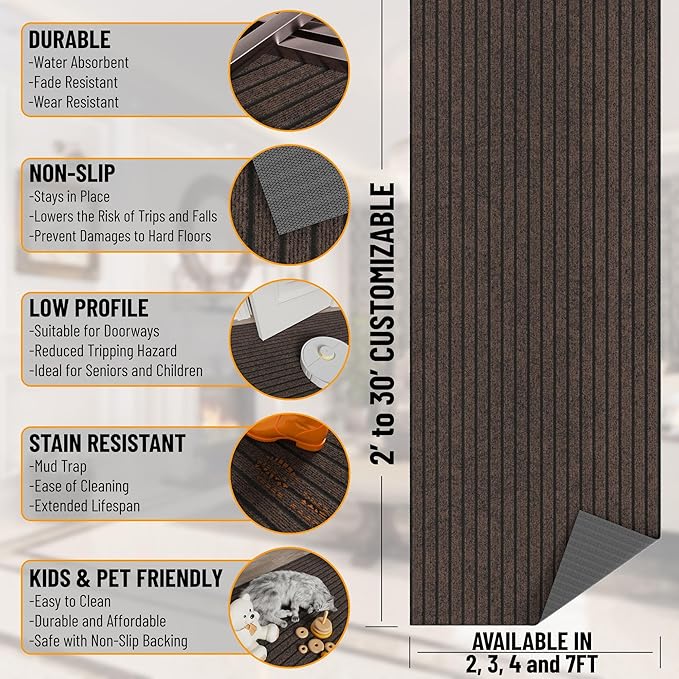Ottomanson 2'7" x 54' Hallway Runner with Scraper Pile - Extra Durable Non-Slip Rug Mat for Indoor & Outdoor Use - Ideal for Kitchen, Entryway & Garage - High-Traffic Carpet, Brown