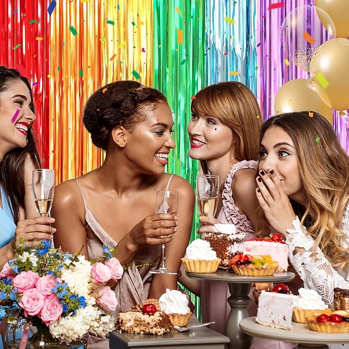 Crosize 2 Pack 3.3 x 8.2 ft Rainbow Foil Fringe Curtains Party Decorations, Tinsel Curtain Backdrop for Parties, Door Streamers, Glitter Streamer Fringe Backdrop for Birthday Decoration