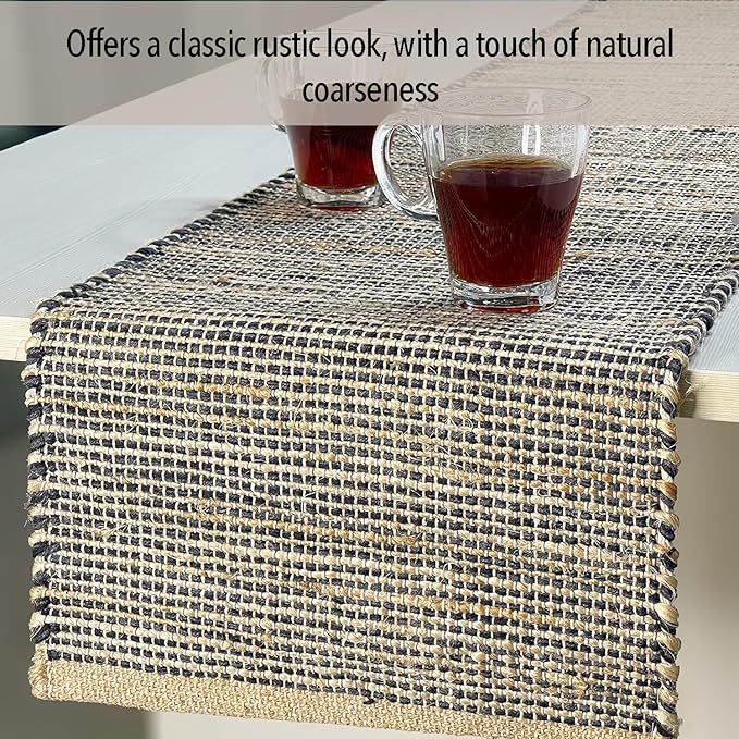 Chardin home Natural Jute Table Runner 13x108 Inch – Vintage Boho Rustic Table Decor – Handwoven Long Table Runner in Natural Jute and Black – Farmhouse Dining or Console Table Accent