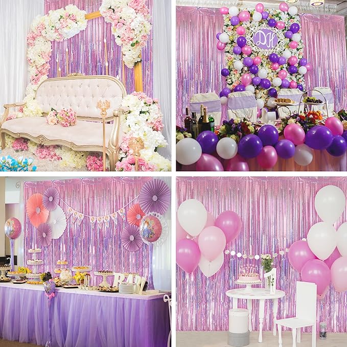 Crosize 2 Pack 3.3 x 9.9 ft Laser Pink Foil Fringe Backdrop Curtain, Streamer Backdrop Curtains, Streamers Birthday Party Decorations, Tinsel Curtain for Parties, Galentines Decor, Preppy, Photo Booth