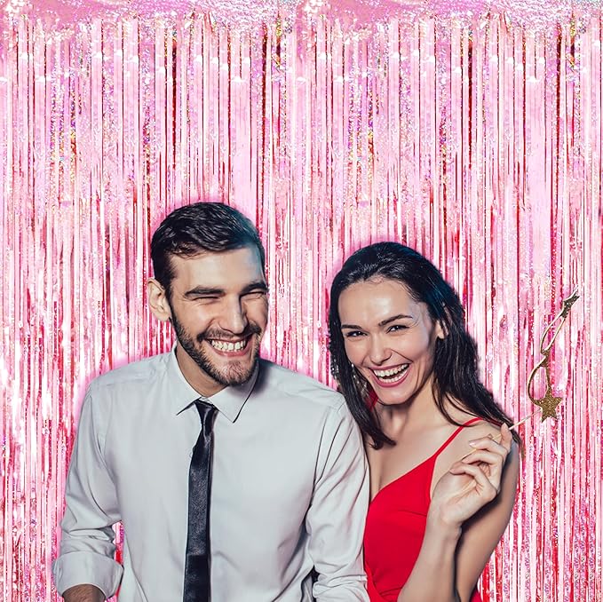 4 Pack 3.3x8.2 Feet Laser Pink Foil Fringe Backdrop Curtains, Tinsel Streamers Birthday Party Decorations, Fringe Backdrop for Graduation, Baby Shower, Gender Reveal, Disco Party