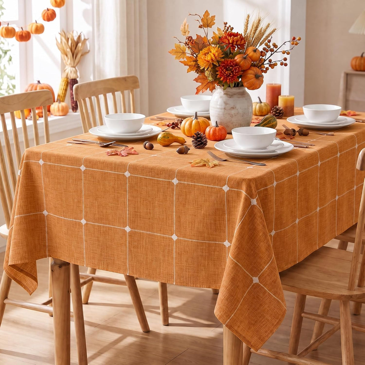 Horaldaily Farmhouse Plaid Tablecloth, Orange, 60×84 Inch Rectangular