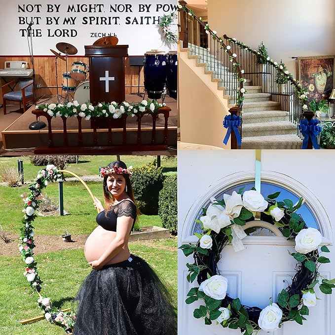 UKELER 2 Pack 14FT Artificial Rose Vines White Flower Garland Artificial Rose Flowers with Green Leaves Floral Plant for Wedding Arch Party Garden Craft Home Decor