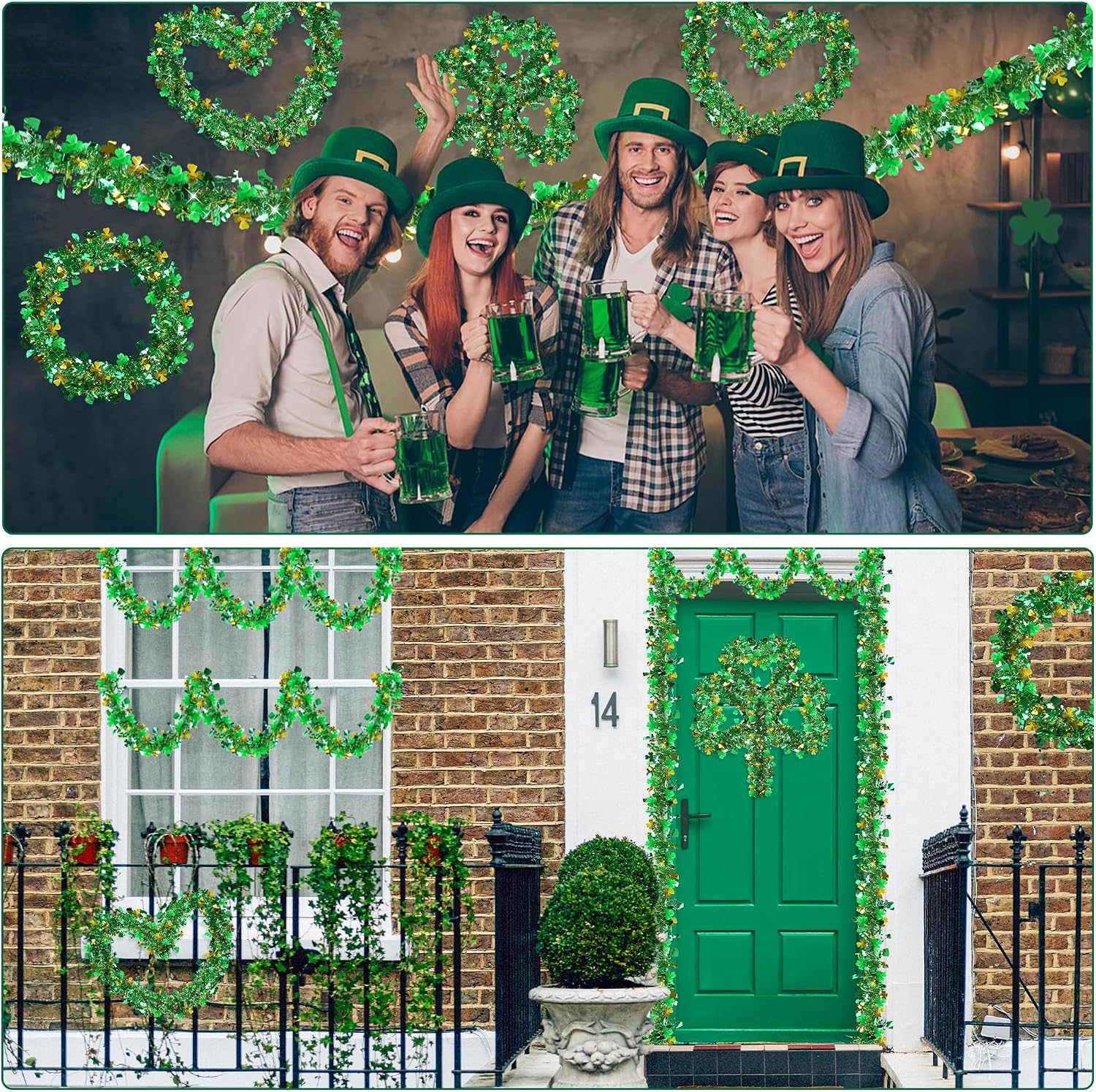 33 FT St Patricks Day Garland Decor Gold Green Shamrock Hat Tinsel Garland, Shiny Metallic Streamer Twist Garland Hanging St Patricks Day Decorations for Home Indoor Outdoor Irish Party Supplies