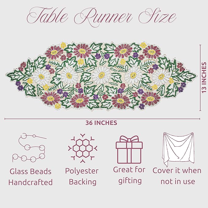 Luxury Beaded Table Runner - 13x36 Inches Handcrafted Spring Floral Design with Glass Beads & Polyester Back - Elegant Table Decor for Dining, Coffee Table & Events (Multi) - CLEENTABLE