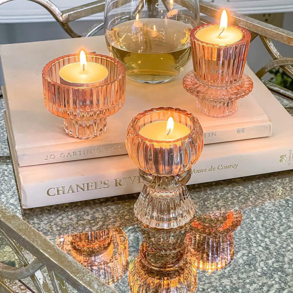 Kate Aspen Glass Taper Candle Holder Set of 6 - Rose Gold Ribbed Vintage Candlestick Votive Pillar Decorative Centerpiece for Dining Table Shelf Decor
