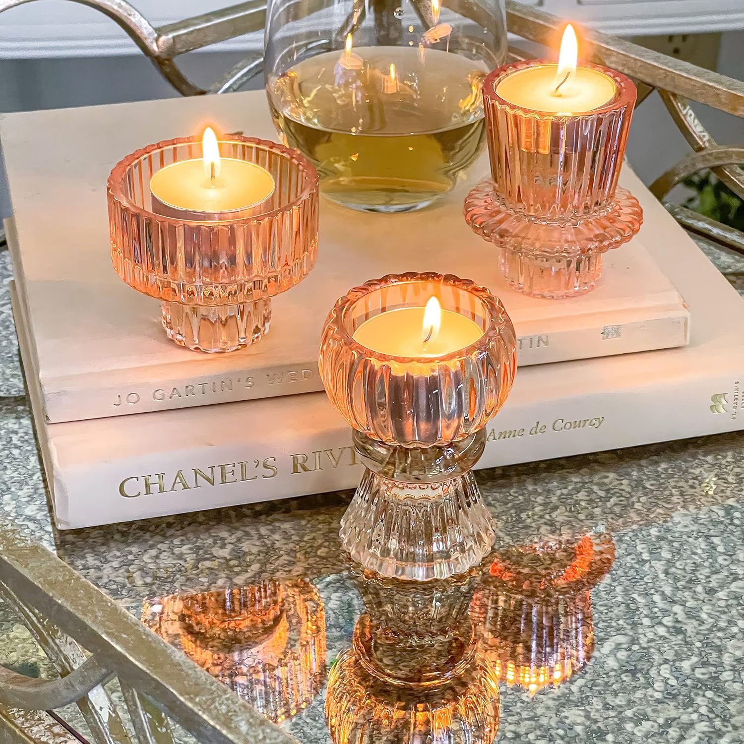 Kate Aspen Glass Taper Candle Holder Set of 6 - Rose Gold Ribbed Vintage Candlestick Votive Pillar Decorative Centerpiece for Dining Table Shelf Decor