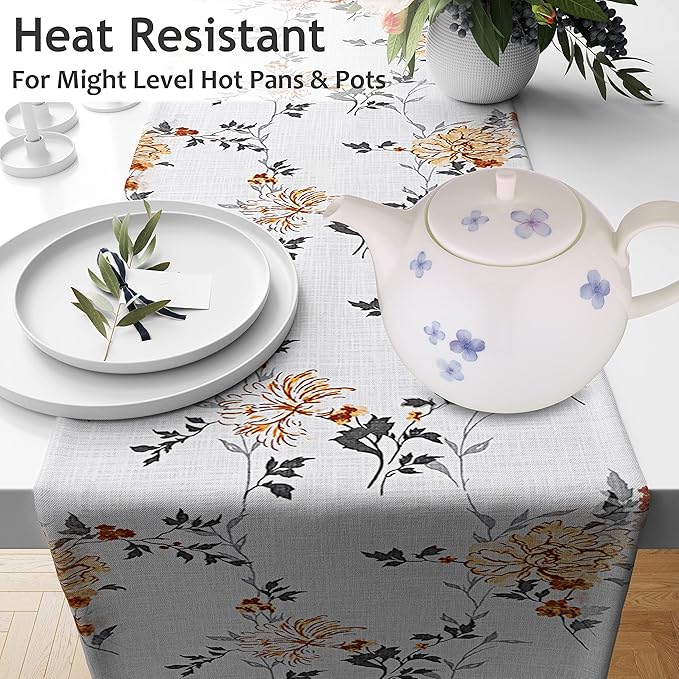 Ruvanti 100% Cotton Table Runner 72 Inches Long, Non-Slip, Stain Resistant, Washable & Reusable Table Runners Perfect for Wedding, Parties, Christmas, Holiday, in-Door use - Grey Floral