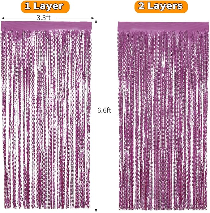 Purple Foil Curtains - 4 Pack 3.3 ft x 6.6 ft Wavy Fringe Curtain Backdrop for Party Photo Booth Props Decoration Mermaid Euphoria Themed | Purple Streamers for Mardi Gras Decorations