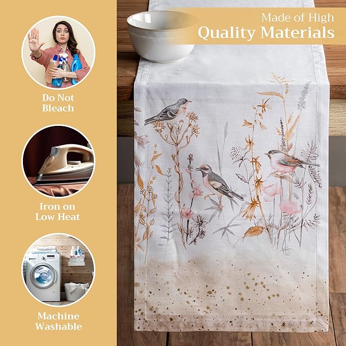 Maison d' Hermine Table Runner 100% Cotton Single Layer Table Runners 108 inches Long Decorative for Home Dining Party Wedding Bridal Shower Spring Summer (Meadow Florals - Beige, 14.50" x 108")