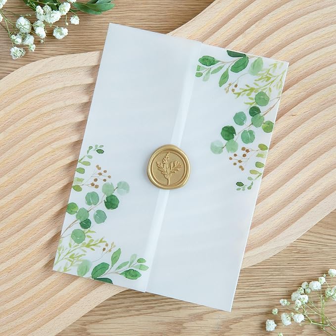 PONATIA 50 PCS Vellum Jackets for 5x7 Invitation Cards- 135GSM Green Eucalyptus Vellum Sleeves, Wedding Invitations Wraps Transparent Christmas Gift Cards Jackets