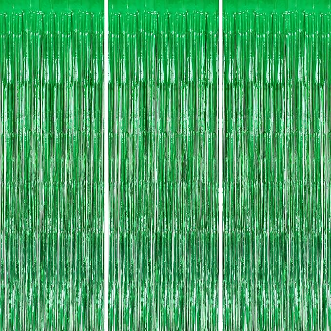 3 Pack Foil Fringe Backdrop - Green Shiny Tinsel Curtains for Party Decoration/Photo Booth Props - 3.3x8.2 FT Metallic Foil Backdrop for Birthday, Wedding, Graduation, Christmas.