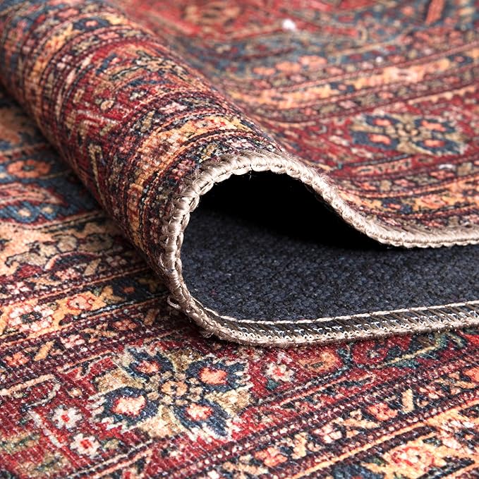 Bloom Rugs Washable Non-Slip 12 ft Runner - Red/Teal Blue/Yellow Traditional Medallion Runner for Entryway, Hallway, Bathroom, and Kitchen - Exact Size: 2.5' x 12'