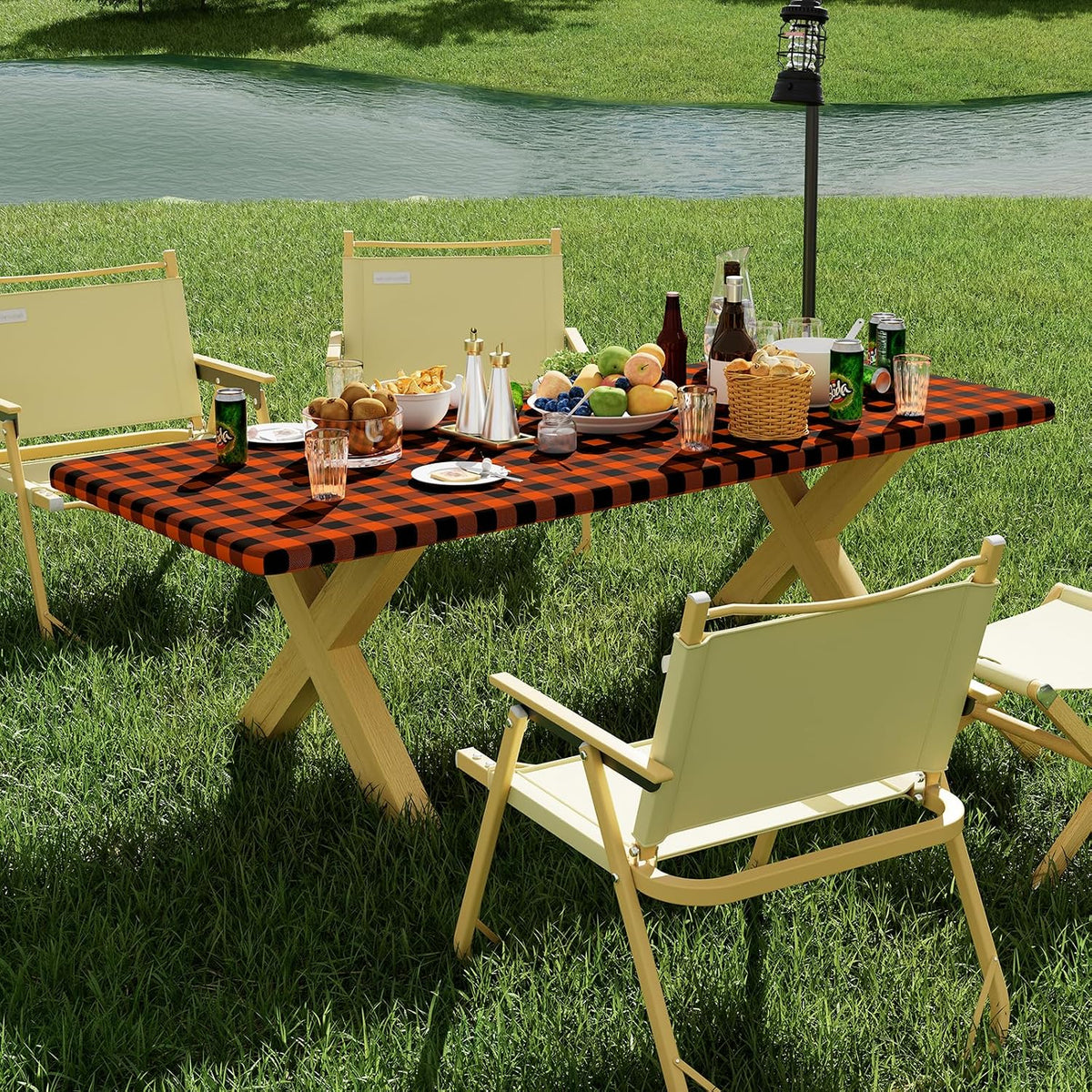 Smiry 8 Foot Picnic Table Cloth 2 Pack, Elastic Fitted Polyester Tablecloth