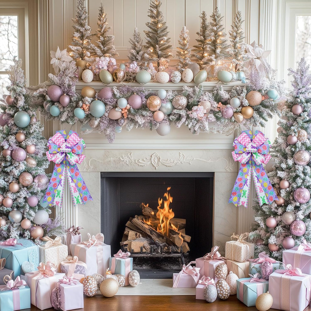 Montekin Large Easter Bows for Wreath 20x11 Inch, 2 Pack Pre-Tied Easter Egg Wired Ribbon Bow, Big Tree Topper Bow for Front Door Indoor Outdoor Spring Summer Decoration (Purple)