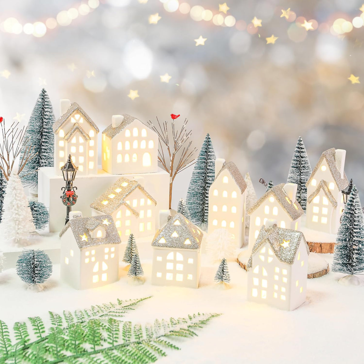 ceramic christmas village set with tea light pine, main product view