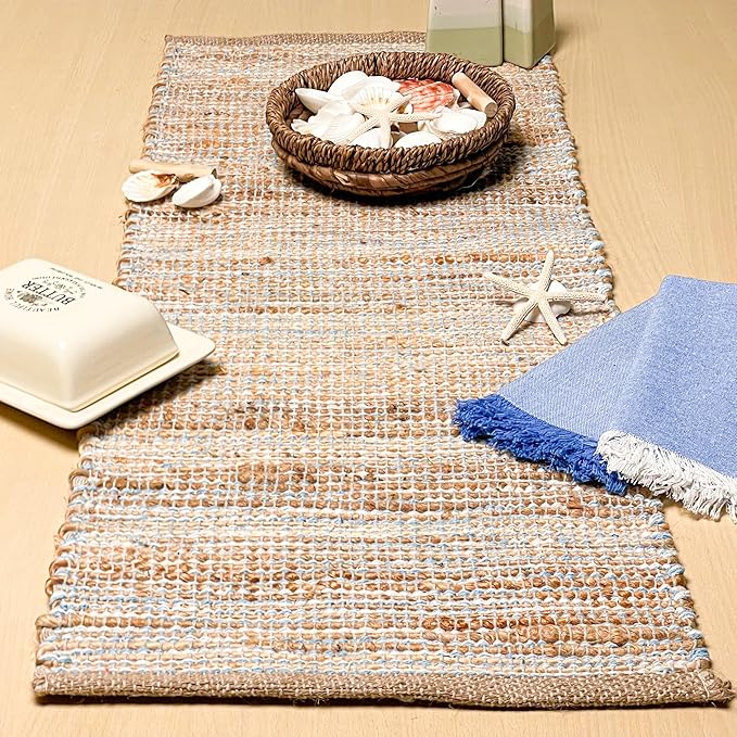 Chardin home Natural Jute Table Runner 13x36 Inch – Vintage Boho Rustic Table Decor – Handwoven Table Runner in Natural Jute and Sky Blue-White – Farmhouse Dining or Console Table Accent