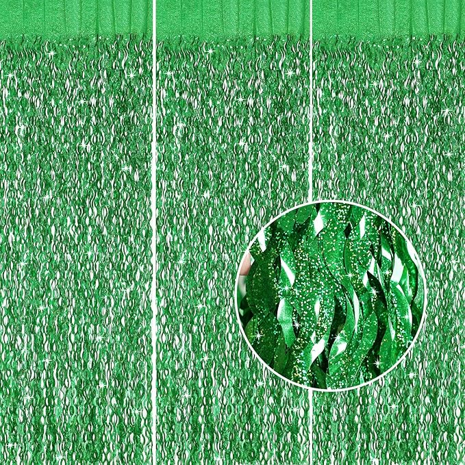 Green Foil Backdrop Curtain - CYLMFC 3 Pack 3.3 ft x 6.6 ft Birthday Streamers Party Curtains Decorations Backdrop Xmas Graduation Decor