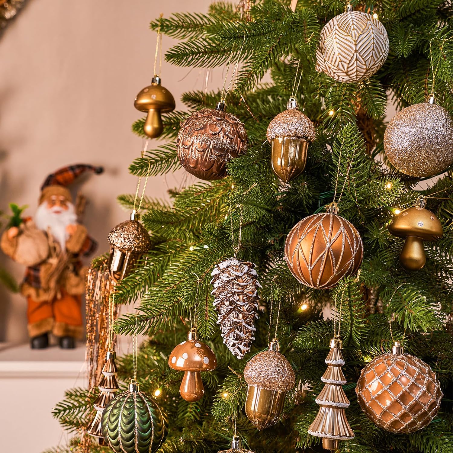 JORNOY Christmas Ornaments for Tree, Shatterproof Plastic Hanging Bulbs Set Decorations for Xmas Holiday Party with Lanyard, 36 Pack, Earth Tone