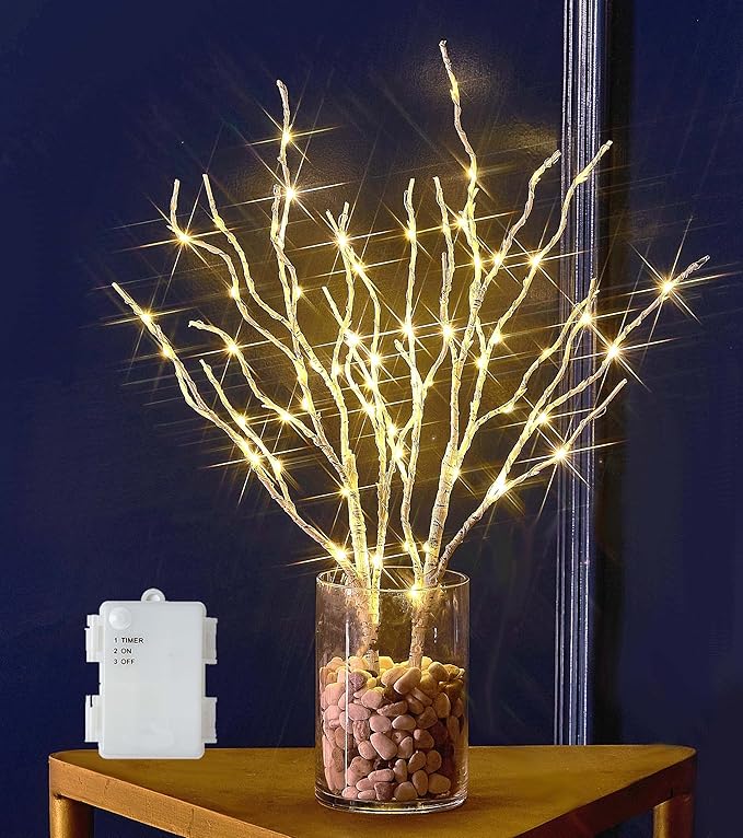 Hairui Lighted Birch Branches 18IN 70 White Willow LED Battery Operated with Timer Twig Lights for Summer Christmas Wedding Decoration Indoor Outdoor(Vase Excluded)