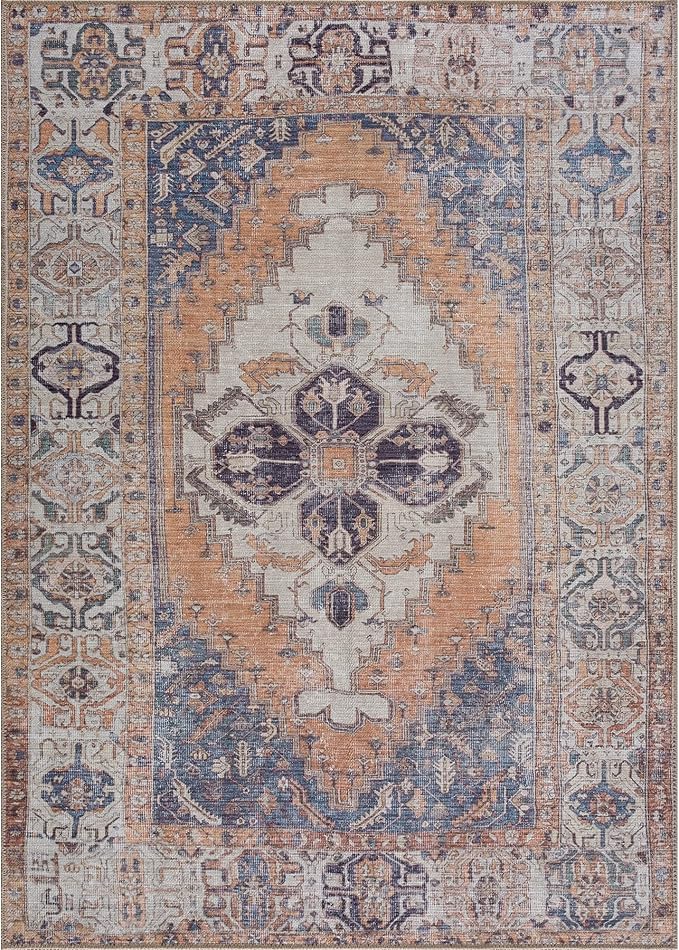 Bloom Rugs Washable 8' x 10' Rug - Orange/Blue/Beige Traditional Area Rug for Living Room, Bedroom, Dining Room, and Kitchen - Exact Size: 8' x 10'