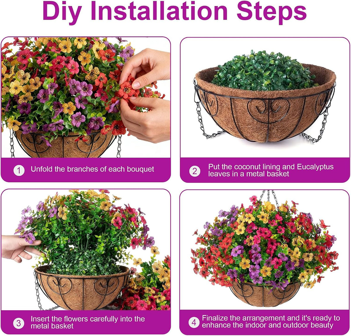 hyeflora artificial faux hanging plants flowers basket for, close-up detail
