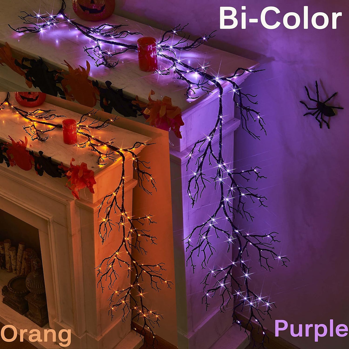 Hairui Halloween Garland with Lights 120 Orange and Purple Bi-Color Fairy Lig...
