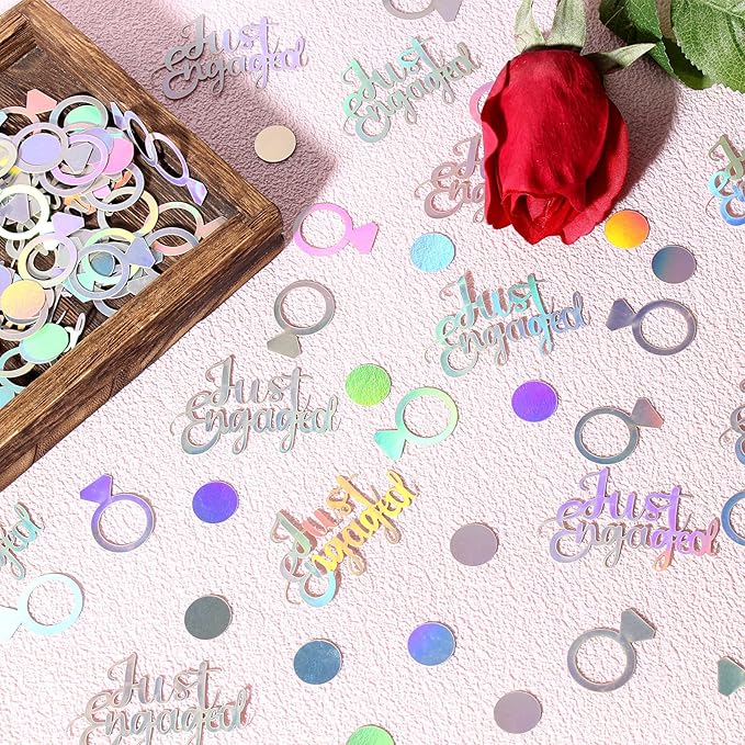 230PC Just Engaged Confetti for Engagement Party Decorations, Wedding Tables, Ring Scatters - Iridescent Themed Bridal Shower, Bachelorette, Hen Party Decor