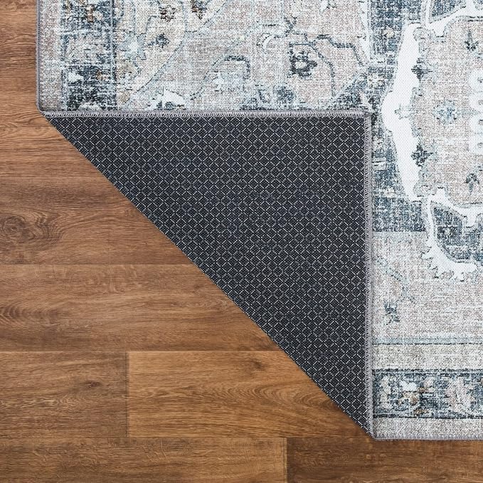 Bloom Rugs Washable Non-Slip 4' x 6' Rug - Pebble Gray/Blue Traditional Medallion Area Rug for Living Room, Bedroom, Dining Room, and Kitchen - Exact Size: 4' x 6'