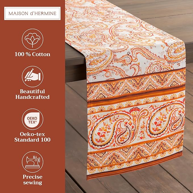 Maison d' Hermine Table Runner 100% Cotton Double Layer Table Runners 108 inches Long for Thanksgiving Christmas Decorations Home Kitchen Dining Party Wedding (Palatial Paisley, 14.5" x 108")