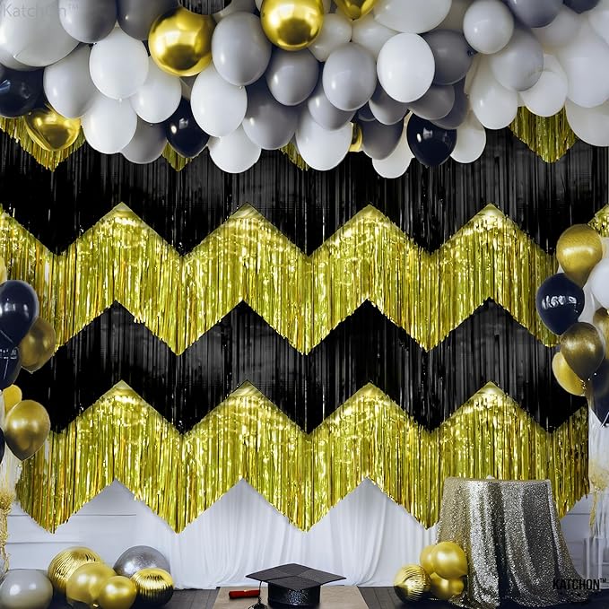 KatchOn, Black and Gold Fringe Backdrop Curtain - XtraLarge 6.6x1.7 Feet, Pack of 6 | Graduation Backdrop for Graduation Decorations 2025 | Fringe Curtain for Birthday Decorations | Prom Decorations
