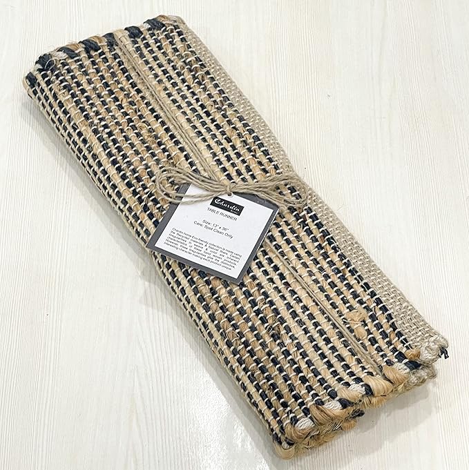 Chardin home Natural Jute Table Runner 13x36 Inch – Vintage Boho Rustic Table Decor – Handwoven Table Runner in Natural Jute and Black – Farmhouse Dining or Console Table Accent