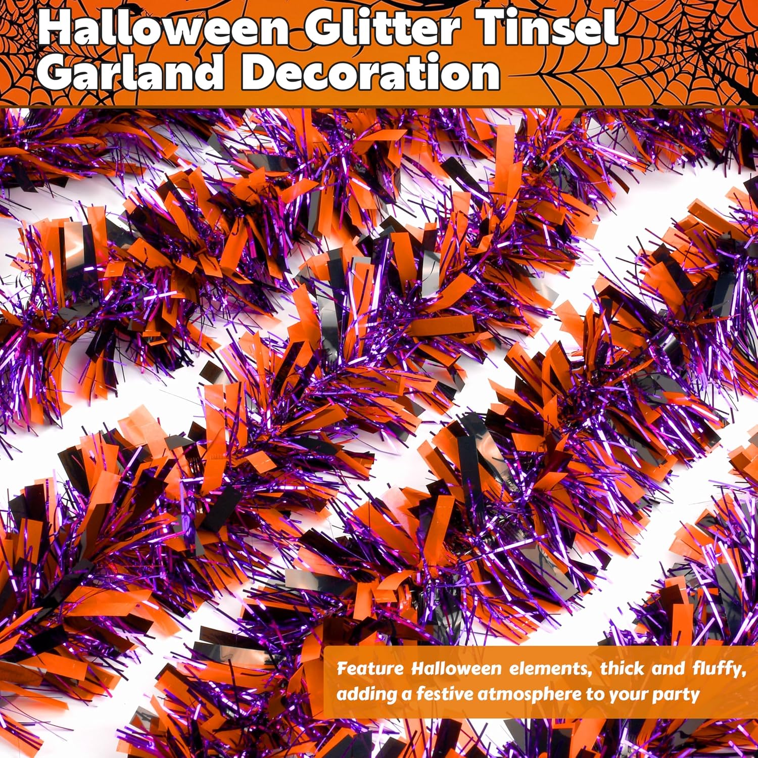 50 FT Halloween Tinsel Garland, Thick Glitter Hanging Streamers Black Orange Purple Mixed Color Metallic Tinsel Hanging Oranment for Halloween Party Supplies Indoor Outdoor Decoration