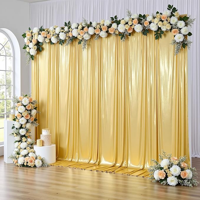 gogoparti 10x14FT Gold Sequin Backdrop Curtain - 2 Panels of 5x14FT Wrinkle-Free Reusable Glitter Drapes for Photography, Weddings, Birthdays & Parties