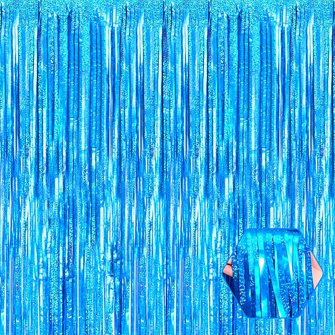 6 Pack Lake Blue Foil Fringe Curtain Backdrop, 3.28Ft x 8.2Ft Metallic Tinsel Foil Fringe Streamer Curtains for Photo Booth, Birthday, Wedding, New Year Party Decorations