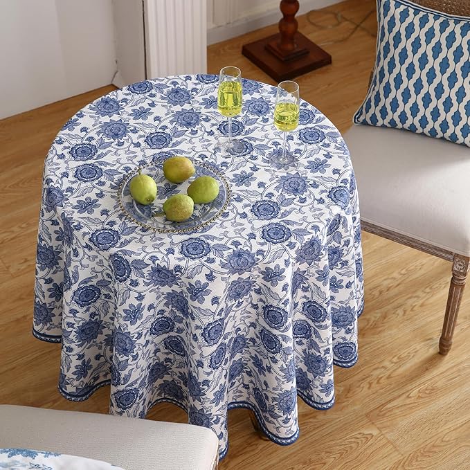 patdrea Designer Vintage French Round Table Cloth,Linen Durable Blue Paisley Pattern Tablecloth,Decoration Floral Cover for Kitchen Dining Christmas,Thanksgiving,Diameter 67"-Lantang a