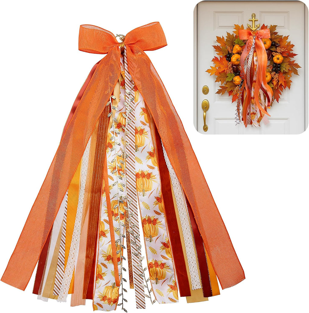 RunNico Thanksgiving Assorted Ribbon Bow for Wreath, Large Fall Clip-On Wreaths Ribbon Bundle, Orange Decorative Wreath Sash Bundle for Thanksgiving Day Party Autumn Front Door Yard Porch Decor