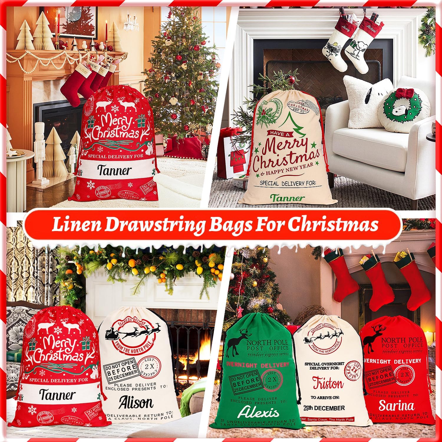 Ulico Personalized Christmas Bag ，Custom Oversized Santa Sack with Embroidered Name ，Christmas Gift Bag Present Bag ，Large Gift Sack，Canvas Stocking Bags for Kids, Family（1 Pcs）