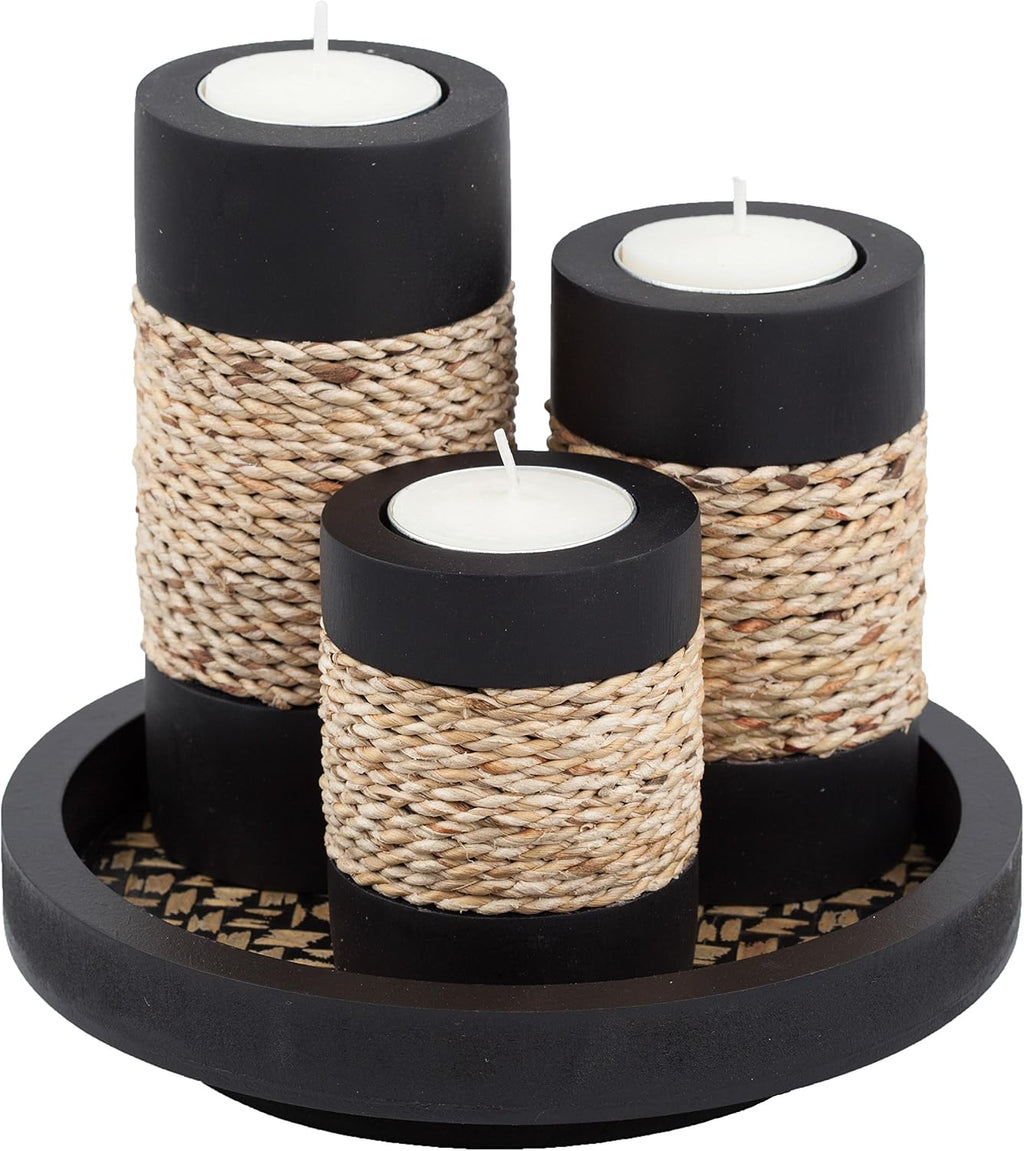 IYARA CRAFT Candleholder Set with Tray, Set of 3 Rustic Black Wooden Tealight Candle Holders with Natural Rope Accent, Coffee Table Centerpiece, Farmhouse Home Decor, Housewarming