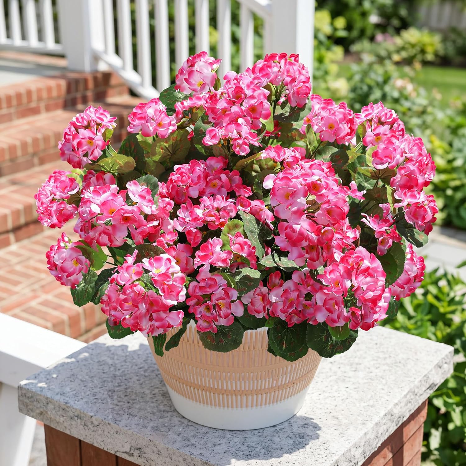 Artificial Geranium Fake Flowers for Outdoors Decoration, 6 Bundles Silk Geraniums Pink Flower UV Resistant Look Real Faux Plants for Outside Planter Front Door Garden Porch Patio Balcony Yard Home