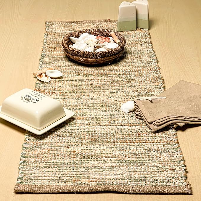 Chardin home Natural Jute Table Runner 13x36 Inch – Vintage Boho Rustic Table Decor – Handwoven Table Runner in Natural Jute and Sage Green-White – Farmhouse Dining or Console Table Accent