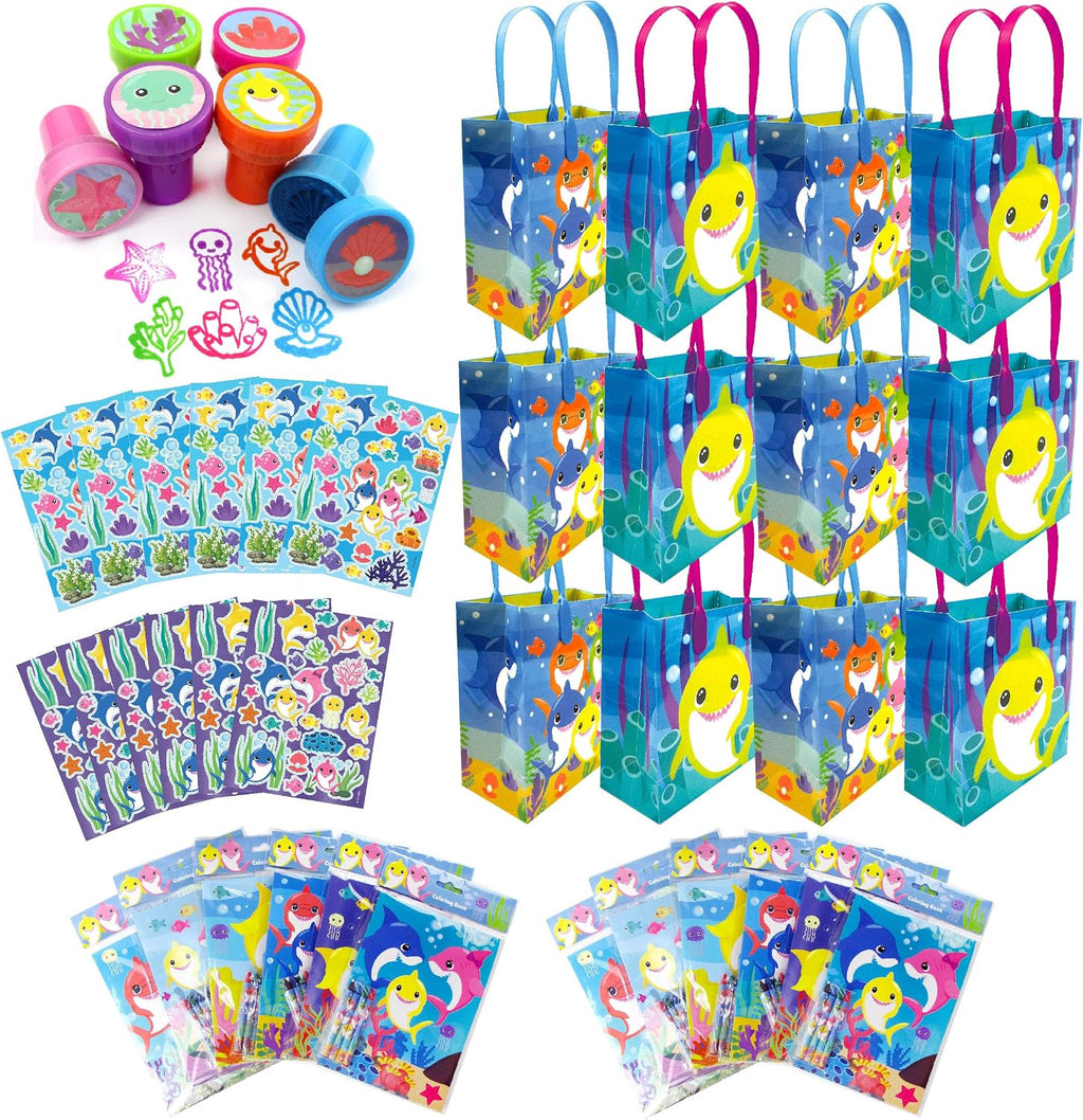 TINYMILLS Shark Birthday Party Favors Set for Kids, 108 Piece Shark Party Supplies with 12 Goodie Bags, 24 Stampers, 12 Sticker Sheets, 12 Coloring Books and 48 Crayons, Shark Party Favor Pack