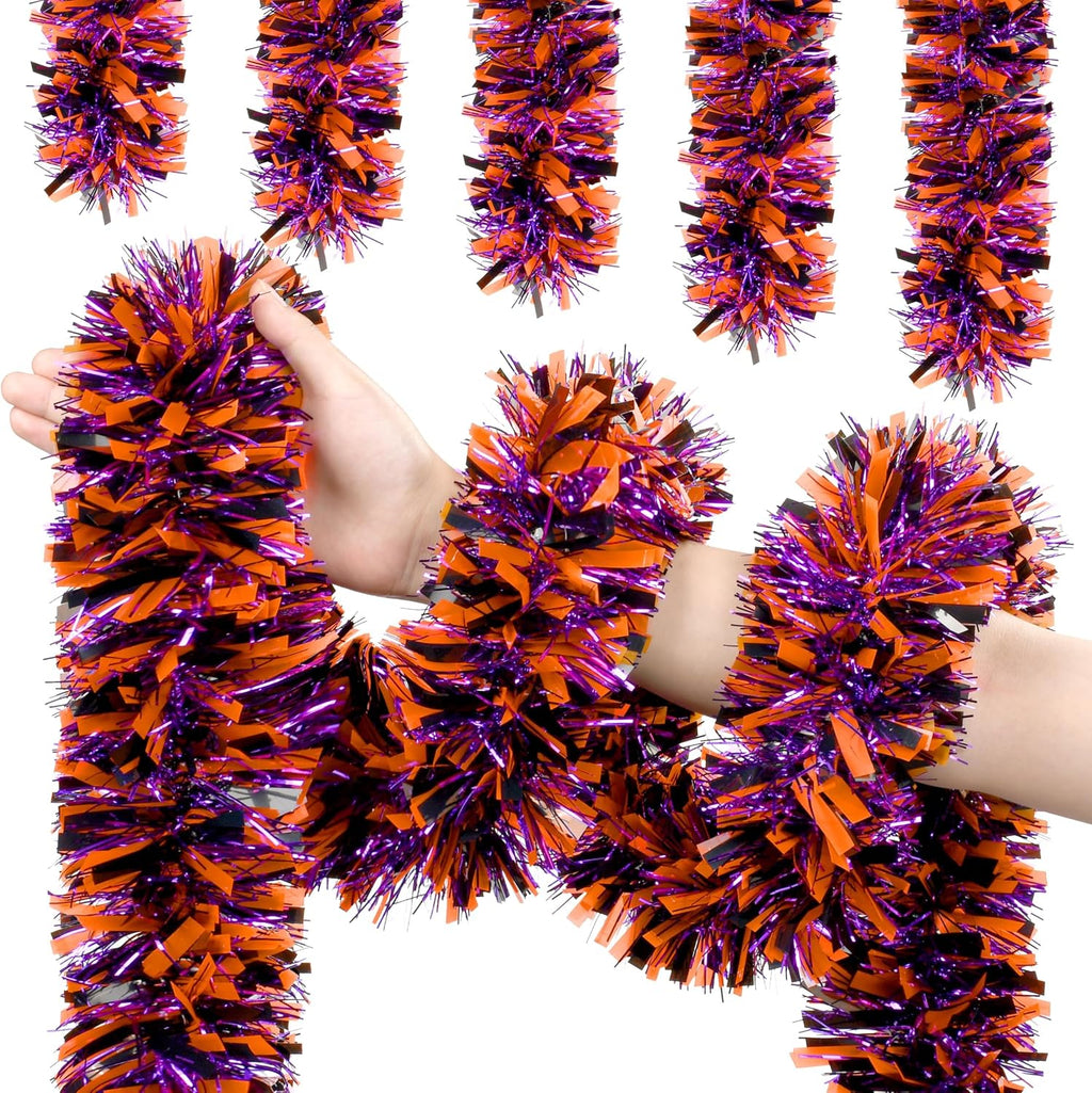 50 FT Halloween Tinsel Garland, Thick Glitter Hanging Streamers Black Orange Purple Mixed Color Metallic Tinsel Hanging Oranment for Halloween Party Supplies Indoor Outdoor Decoration