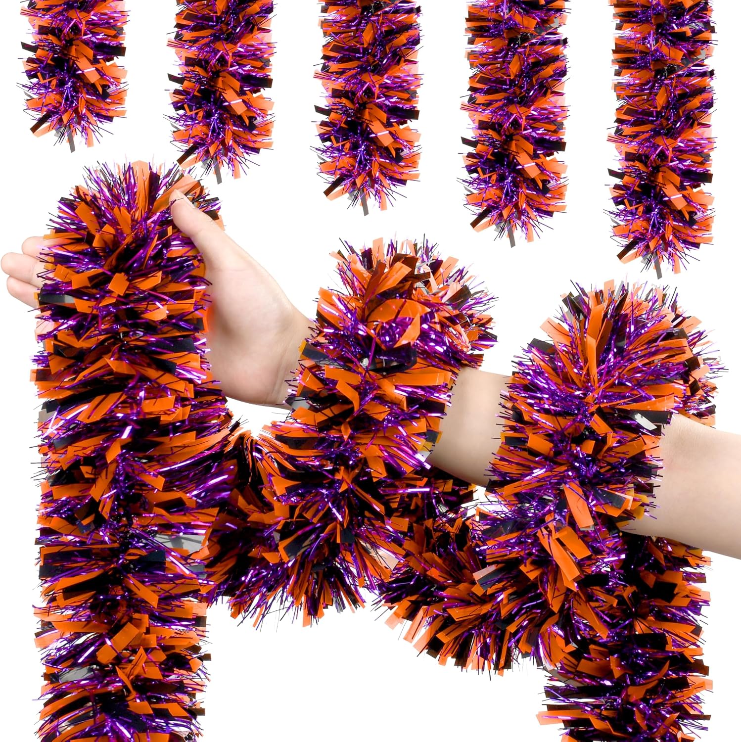 50 FT Halloween Tinsel Garland, Thick Glitter Hanging Streamers Black Orange Purple Mixed Color Metallic Tinsel Hanging Oranment for Halloween Party Supplies Indoor Outdoor Decoration