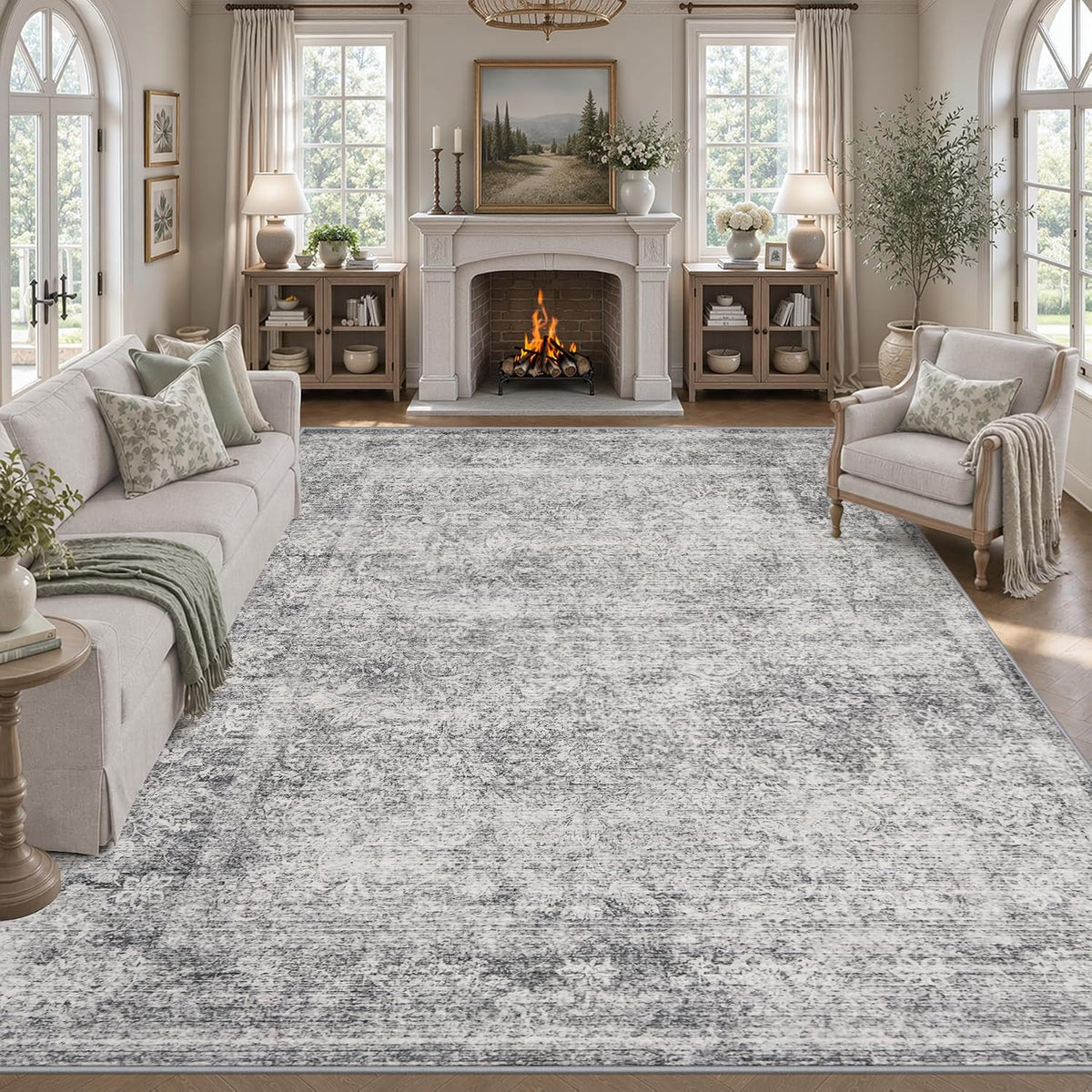 8x10 Area Rug Living Room:Washable Vintage Abstract Carpet Black Grey