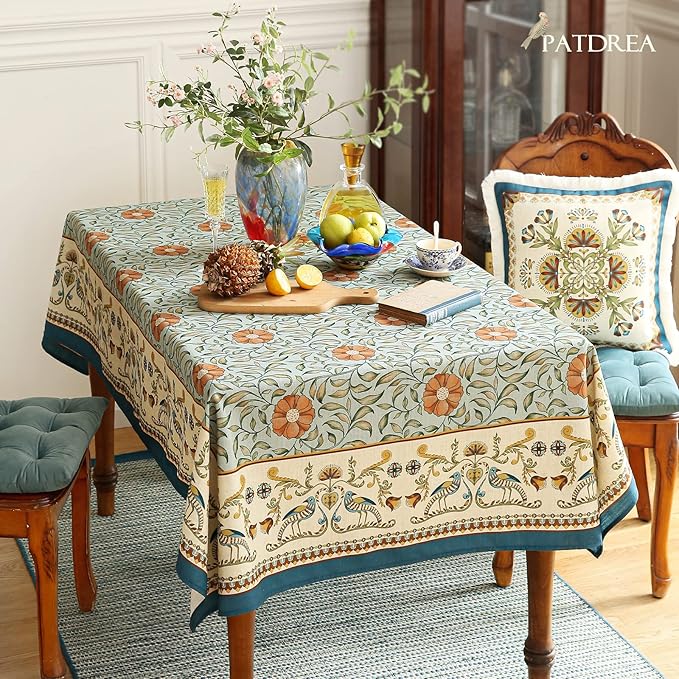 patdrea Designer French Linen Blue Tablecloth for Sqaure Table,Vintage Floral Table Cloth,Colorful Decoration Small Cover Kitchen Dining for Tea Party,Thanksgiving,Christmas,55"x55"-Wensel