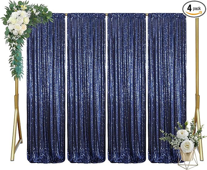 ShinyBeauty Navy Blue Sequin Backdrop 4x10ft (4 Panels) - Christmas Party Photo Booth, Winter Wedding Decor, Sparkle Curtain